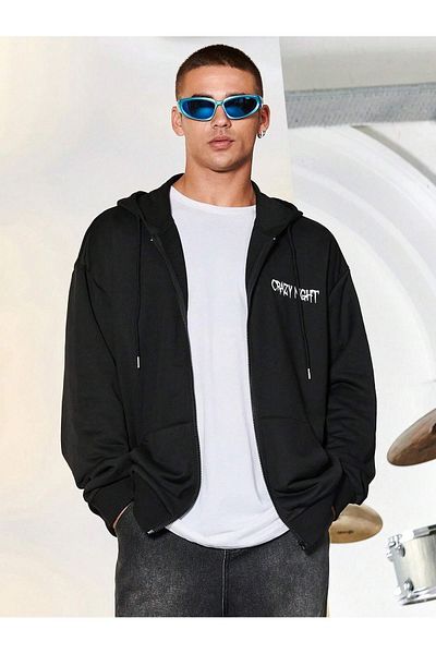 modaberry Crazy Night Sweatshirt Ζακέτα με φερμουάρ - Μαύρη στάμπα Oversize Winter Hoodie με τσέπες