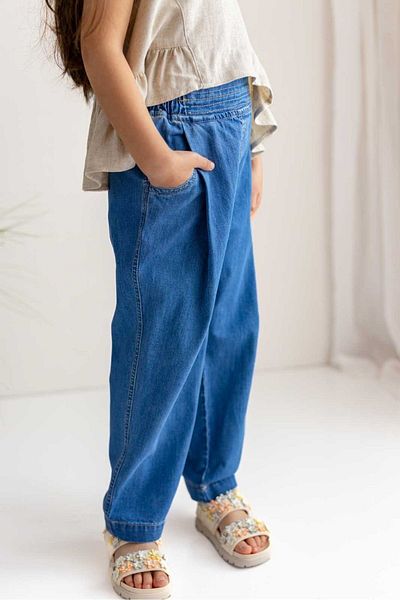 Oliven The Kid Dark Blue Girls' Jeans with Elastic Waist and Pleat Detail on the Front