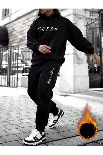 modaberry Σετ φόρμας Fresh Bottom Top - Μαύρη στάμπα Oversize Λαστιχένια κουκούλα στα πόδια