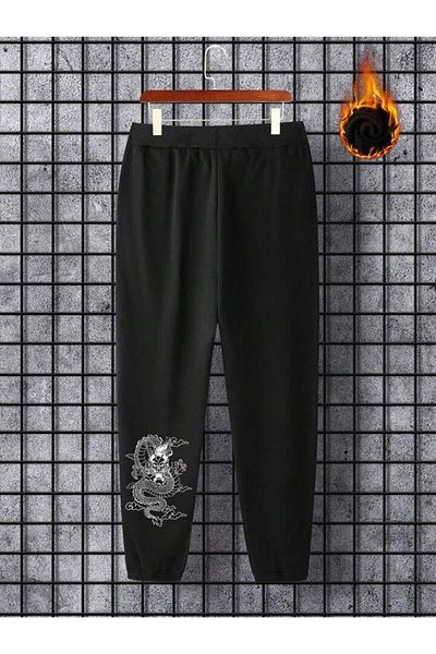 modaberry Dragon Leg Detail Sweatpants Jogger - Μαύρο εμπριμέ ψηλόμεσο ελαστικό πόδι