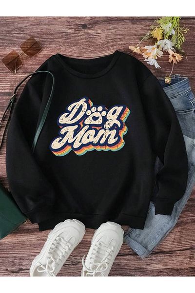 modaberry Dog Mom Paw Pattern Sweatshirt - Black Printed Oversize Thick Crew Neck