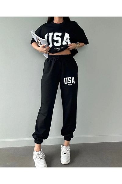 Modernica Μαύρο Σετ αθλητικής φόρμας Jogger - Μπλουζάκι και φούτερ Usa, Oversize Crew Neck