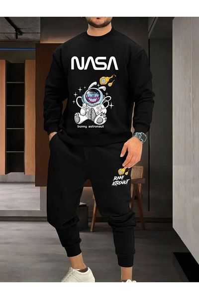 modaberry Σετ φόρμας Nasa Bunny Combination Bottom Top - Μαύρο εμπριμέ Oversize Rubber Leg Crew Neck