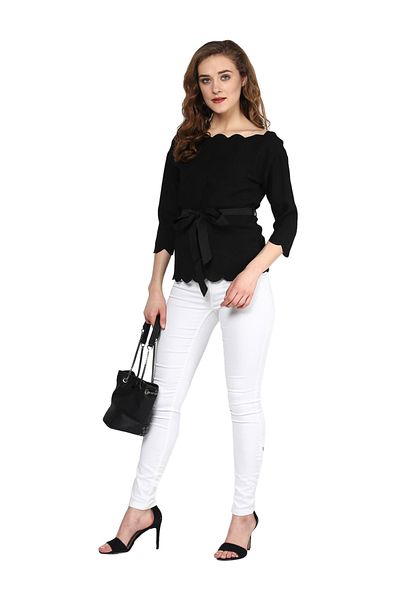 Sassafras By Styli Scallop Edge Off Shoulder Top with Self Tie Up