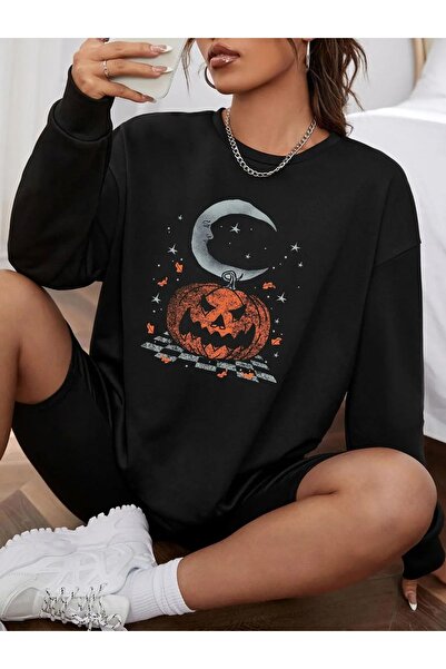 modaberry Pumpkin Moon T-shirt - Crna Štampano Oversize kroj Kratki rukav okr...
