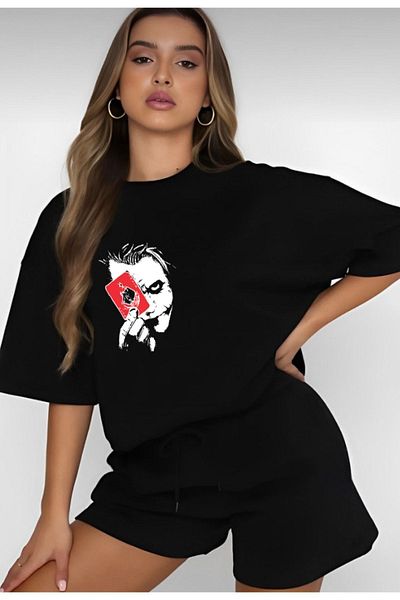 modaberry Joker T-shirt και σορτς - Μαύρο σορτς T-shirt στο κάτω μέρος Σετ φόρμας Oversize Crew Neck