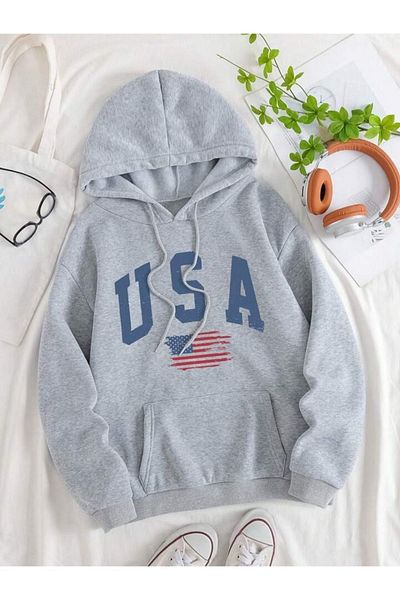 modaberry Φούτερ Usa Flag - Φούτερ με γκρι στάμπα με χοντρή κουκούλα