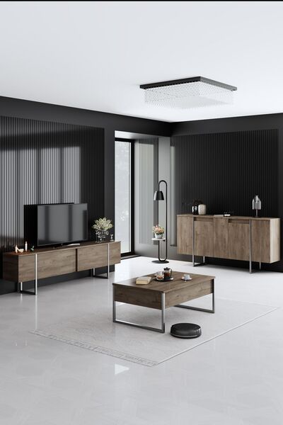 Modatte Luxe Gümüş Demir Ayaklı Ceviz Tv Sehpası Tv Ünitesi