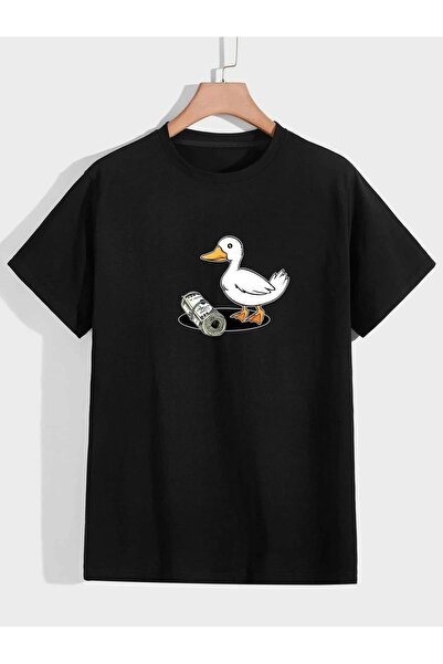 SeusCraft Money Duck T-Shirt - Μαύρο με στάμπα, Oversize Καλοκαιρινό Κοντομάν...