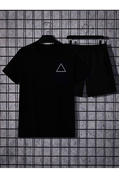 modaberry Triangle Logo T-Shirt Shorts - Black Shorts T-Shirt Top and Bottom Set Printed Crew Neck