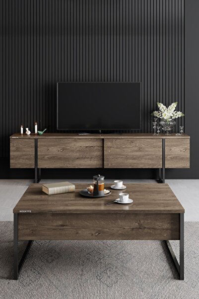 Modatte Luxe Siyah Demir Ayaklı Ceviz Tv Sehpası Tv Ünitesi