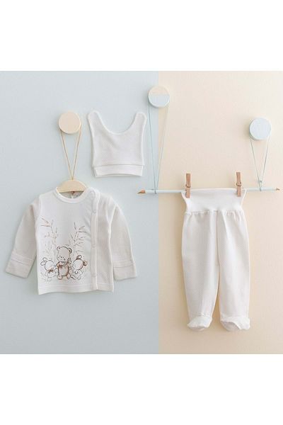 Gümüş Bebe 100% Cotton Teddy Bear Printed Hat and Pants Set for Baby Girl - Hospital Exit