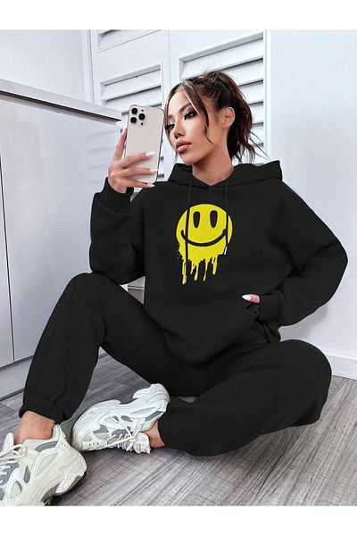 modaberry Emoji Face Combination Bottom Top Σετ Φούτερ - Μαύρη στάμπα Oversize Λαστιχένια κουκούλα στα πόδια