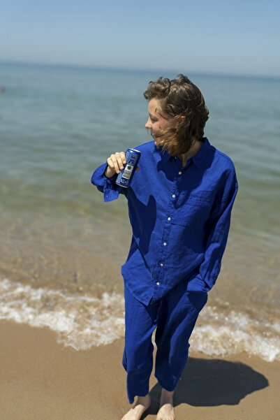 Newmission قميص كتان أزرق من ساكس - قطع كبيرة الحجم