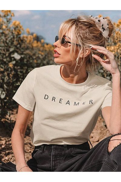 SeusCraft Μπλουζάκι Dreamer - Μπεζ εμπριμέ υπερμεγέθη καλοκαιρινό κοντομάνικο μπλουζάκι με λαιμόκοψη