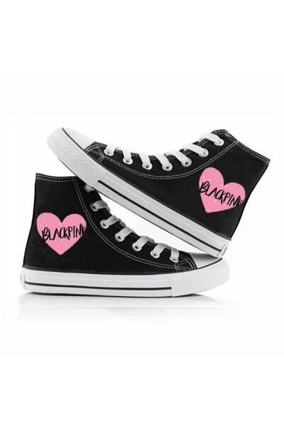 Köstebek Siyah K-pop Black Pink - Heart Logo Uzun Kanvas Ayakkabı
