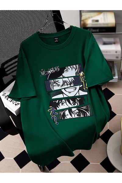 modaberry T-Shirt Anime Cutaway - Πράσινη στάμπα με κοντό μανίκι με λαιμόκοψη