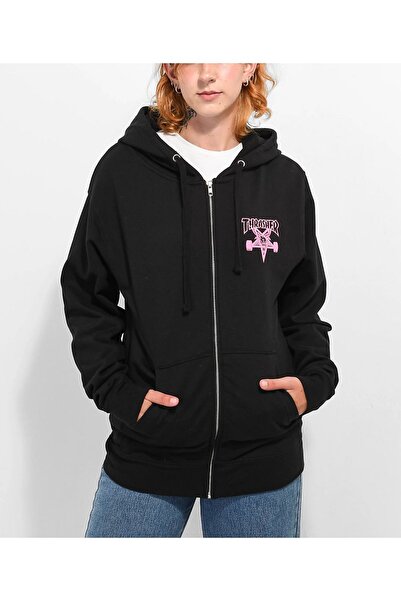modaberry Trasher Design Sweatshirt Zippered Cardigan - Black Printed Oversiz...