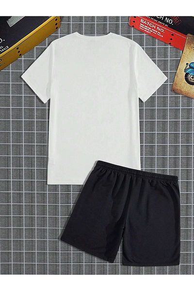 SeusCraft Colorful Card T-Shirt Shorts - White Black Bottom Top Team Shorts T-Shirt Combo Printed Crew Neck
