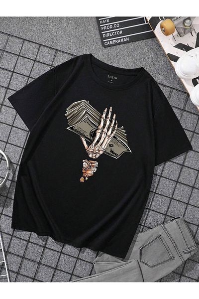 modaberry Tricou Skeleton Hand Money - Negru Imprimat Oversize mânecă scurtă Decolteu Crew