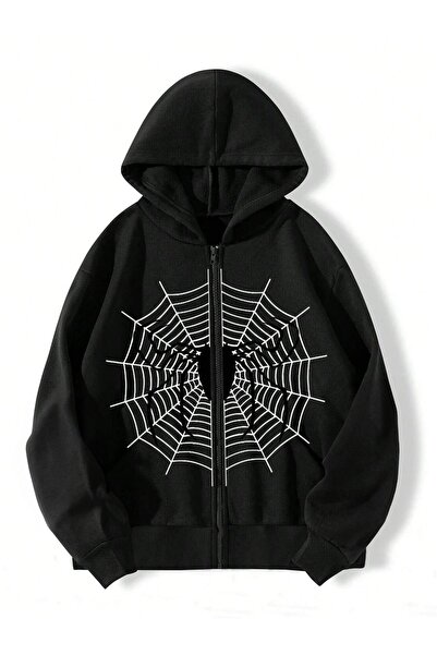 modaberry Spider Round Network Dukserica sa Zatvaračem - Crna Štampano Oversi...