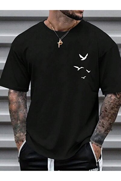 SeusCraft Tricou Minimal Birds - Tricou oversize cu imprimeu negru, de vară, ...