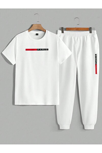 SeusCraft Çizgi Paris T-Shirt Eşofman Altı Jogger -  Beyaz Baskılı Eşofman Ta...