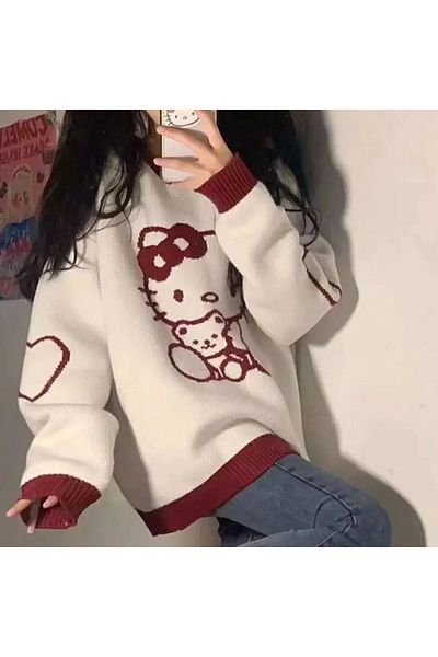 Köstebek Roșu Alb Hello Kitty Sweet Knitwear Pulover oversize