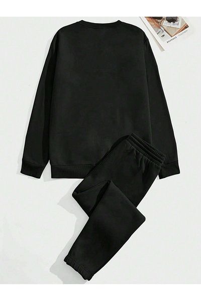 modaberry Σετ φόρμας Paris Combination Bottom Top - Μαύρη στάμπα Oversize Λαστιχένια λαιμόκοψη