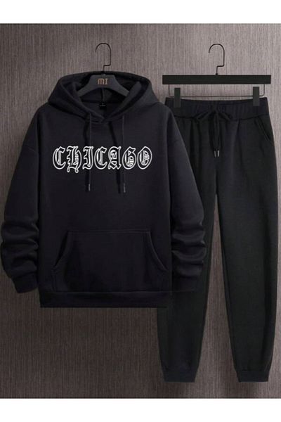 modaberry Σετ αθλητικής φόρμας Chicago Style Combination Bottom Top - Μαύρη στάμπα Oversize Λαστιχένια κουκούλα στα πόδια