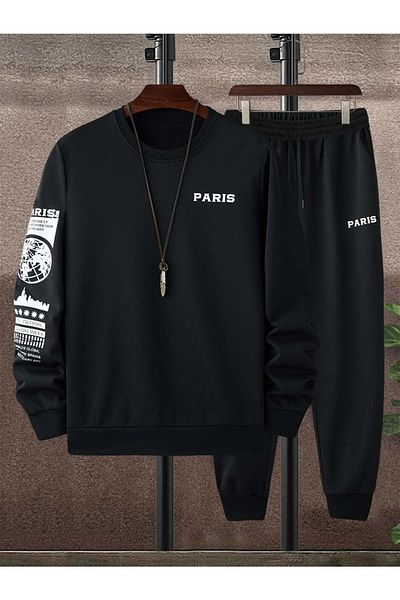 modaberry Σετ αθλητικής φόρμας Paris Text Sleeve Combination - Μαύρο εμπριμέ Oversize Rubber Leg Crew Neck