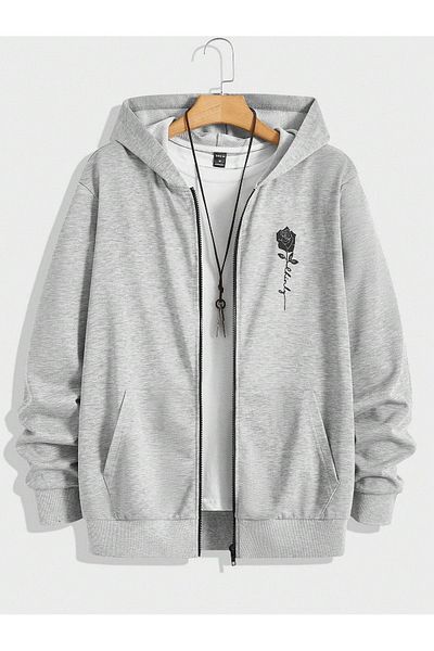modaberry Gray Oversize Hooded Black Rose Sweatshirt - Winter Cardigan with Zipper and Pockets