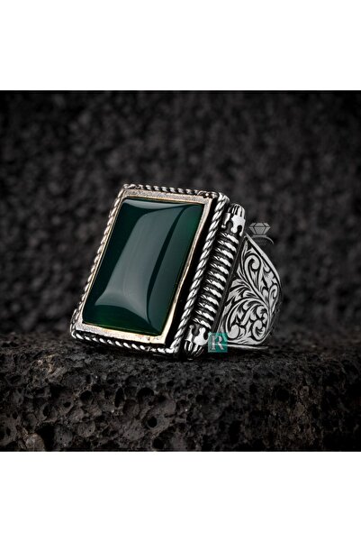 RevSilver Akik Taşı 925 Ayar Gümüş Erkek Yüzük Kalem Oyma Yüksek Kaliteli