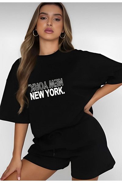 modaberry New York Reverse Plain T-shirt και σορτς - Μαύρο σορτς T-shirt στο κάτω μέρος Σετ φόρμας Oversize Crew Neck