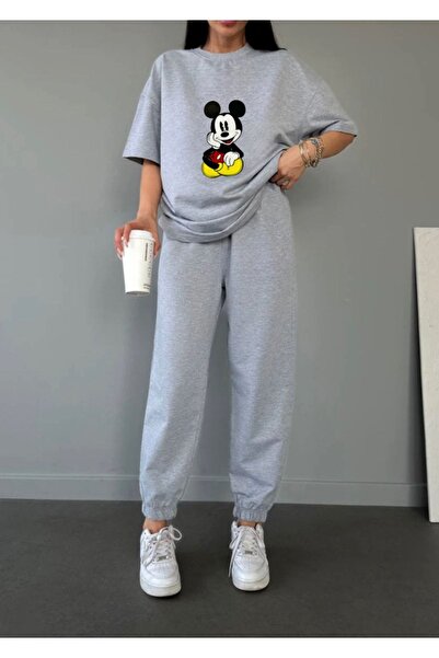 Trendglow Mickey Mouse T-shirt Eşofman Altı Jogger - Gri Baskılı Eşofman Takımı Oversize Bisiklet Yaka