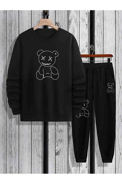 modaberry Teddy Bear Combination Bottom Top Σετ Φούτερ - Μαύρο εμπριμέ Oversize Λαστιχένιο πόδι Crew Neck