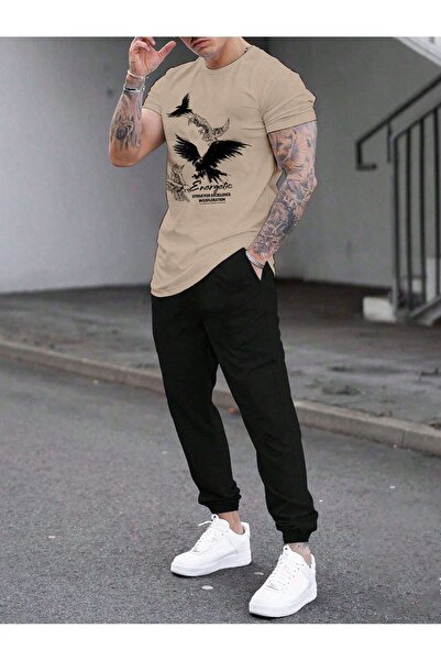 SeusCraft Kartallar T-Shirt Φούτερ Παντελόνι Jogger - Μπεζ Μαύρο Σετ Φόρμας μ...