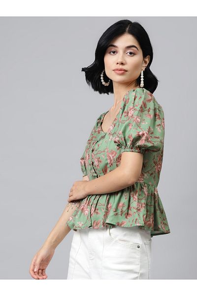 Sassafras By Styli Floral Print Front Button Detail Peplum Top