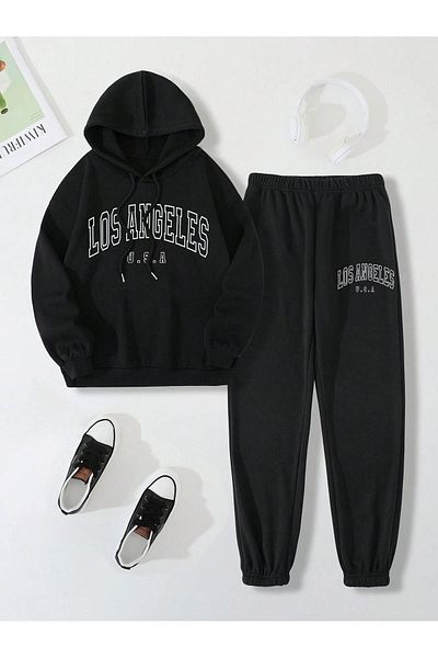 modaberry Los Angeles USA Combination Bottom Top Σετ αθλητικής φόρμας - Μαύρη στάμπα Oversize Λαστιχένια κουκούλα στα πόδια
