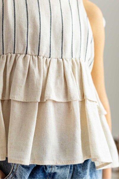 Oliven The Kid Μπεζ γκρι ριγέ φυσικό λινό με βολάν Μπλούζα με κορδόνια με κορδόνι