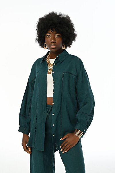 Orfeo Negro Petrol Colored Embroidered Women's Shirt - Front and Sleeve Detail