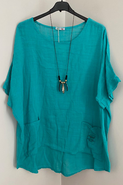 AYASOFYA OTANTIK Turquoise Italian Necklace - Short Sleeve Oversize Women's Blouse with Bag Pocket