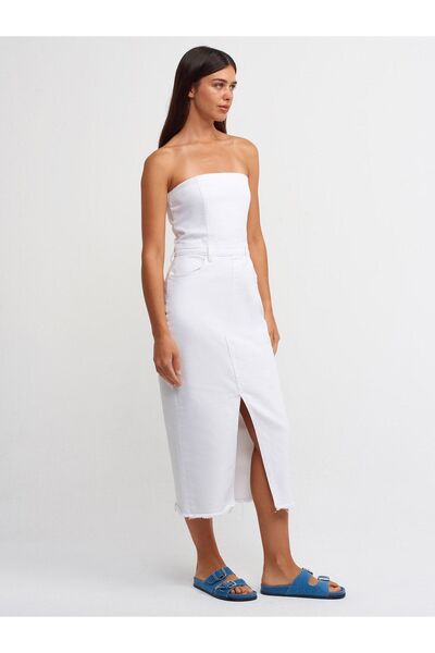 Dilvin 90515 Στράπλες Λευκό Τζιν Φόρεμα-Λευκό
