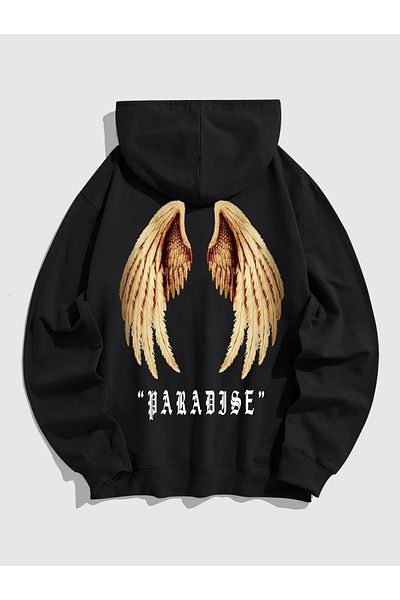 modaberry Зимен суитшърт Paradise Wings - Черен, с щампа и дебела качулка