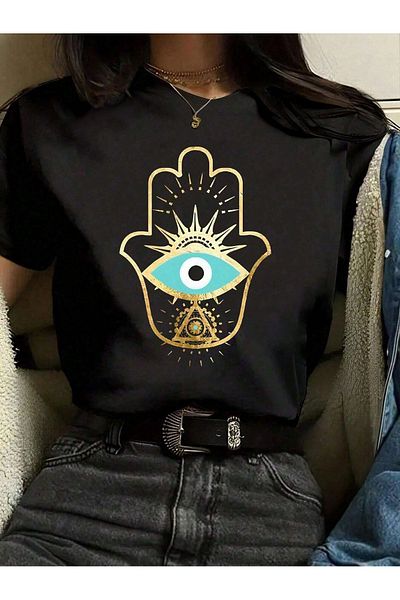 modaberry Tricou Hand Evil Eye - Negru Imprimat Oversize Mânecă Scurtă Decolteu Crew