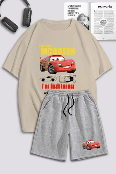 modaberry Σετ αθλητικές φόρμες Mcqueen Oversize - Μπλουζάκι και σορτς σε μπεζ γκρι, λαιμόκοψη