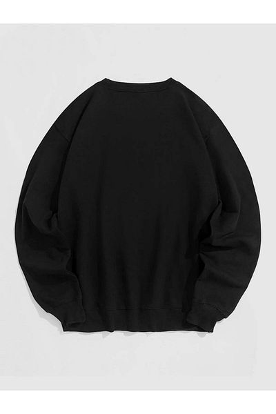 modaberry Japan Wave Winter Sweatshirt - Black Printed Oversize Thick Crew Neck