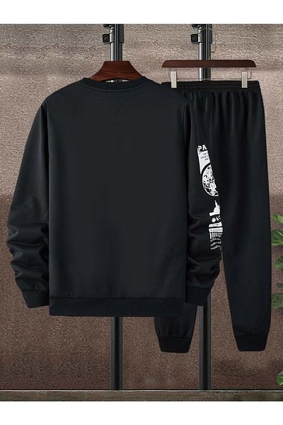 modaberry Σετ αθλητικής φόρμας Paris Text Sleeve Combination - Μαύρο εμπριμέ Oversize Rubber Leg Crew Neck
