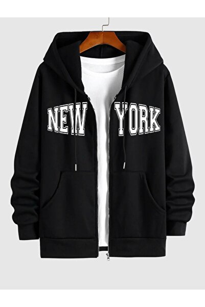 modaberry New York Letter Φούτερ Ζακέτα με φερμουάρ - Μαύρη στάμπα Oversize W...