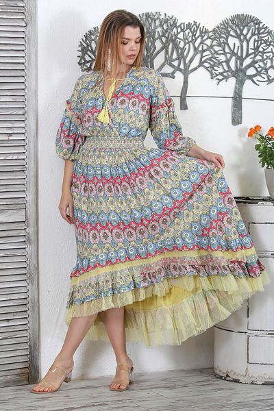 Chiccy Rochie cu design cu talie elastică, cu ciucuri, cu ciucuri, cu mâneci 3/4, guler dublu cu piept.